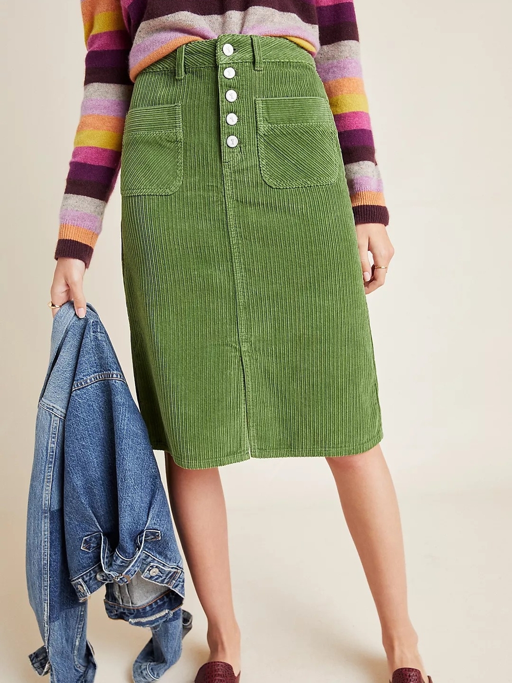 Anthropologie Green Corduroy Button-Front Midi Skirt